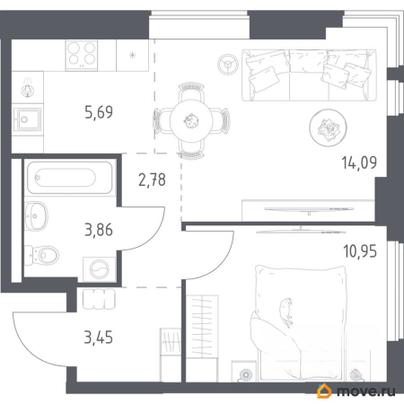 1-комн. квартира, 40.82 м&sup2;