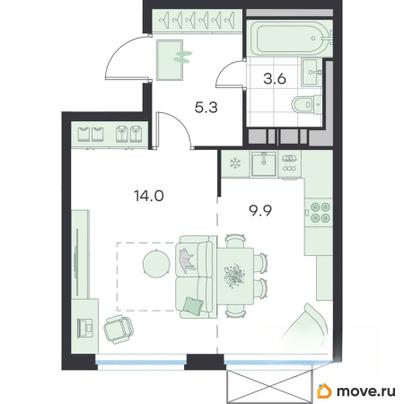 1-комн. квартира, 32.8 м&sup2;