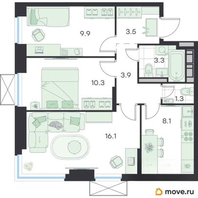3-комн. квартира, 56.4 м&sup2;