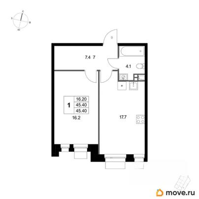 1-комн. квартира, 45.4 м&sup2;