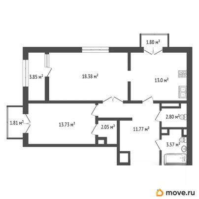 2-комн. квартира, 72.97 м&sup2;