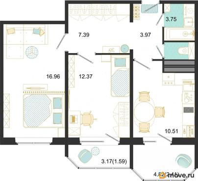 2-комн. квартира, 58.95 м&sup2;