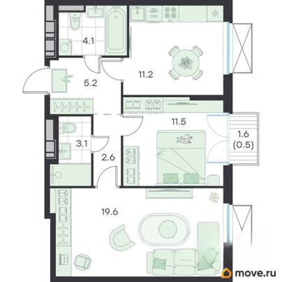 2-комн. квартира, 57.8 м&sup2;