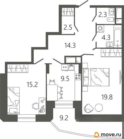 2-комн. квартира, 69.7 м&sup2;