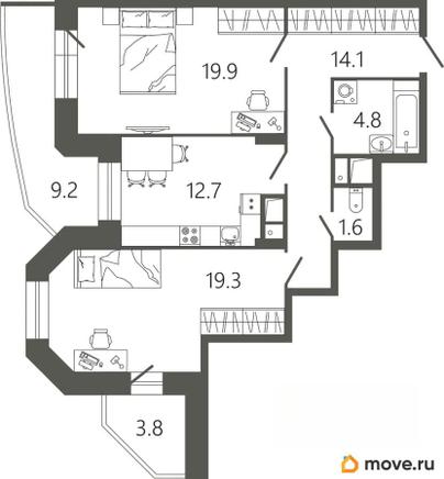 2-комн. квартира, 77.1 м&sup2;