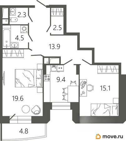 2-комн. квартира, 68.7 м&sup2;