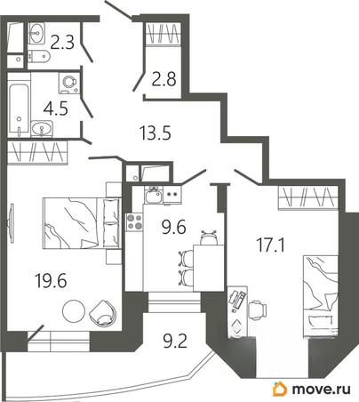 2-комн. квартира, 72.3 м&sup2;