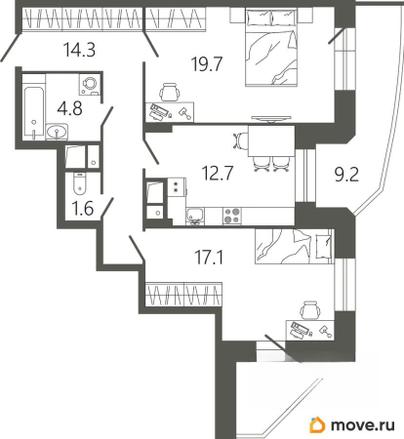 2-комн. квартира, 74.9 м&sup2;