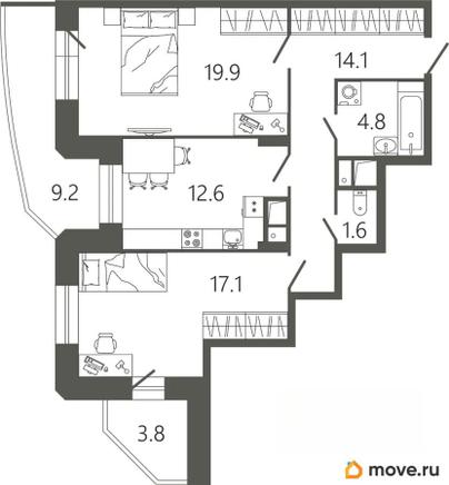 2-комн. квартира, 74.8 м&sup2;