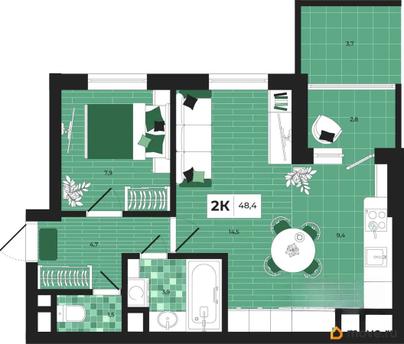 2-комн. квартира, 48.4 м&sup2;