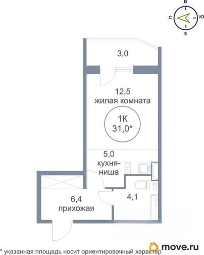 1-комн. квартира, 32.1 м&sup2;