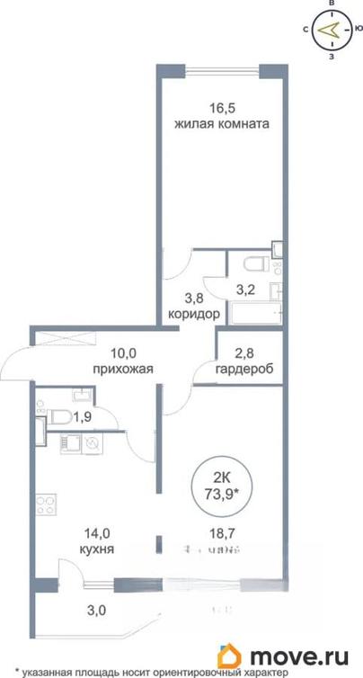 2-комн. квартира, 74.9 м&sup2;