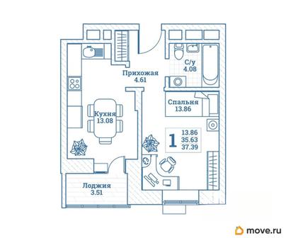 1-комн. квартира, 37.39 м&sup2;