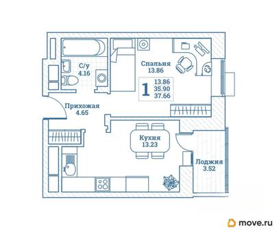 1-комн. квартира, 37.66 м&sup2;