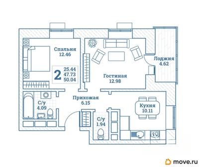 2-комн. квартира, 50.04 м&sup2;