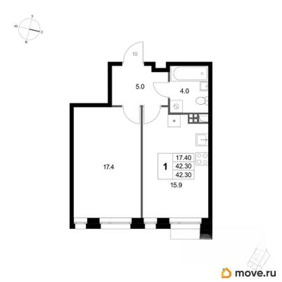 1-комн. квартира, 42.3 м&sup2;