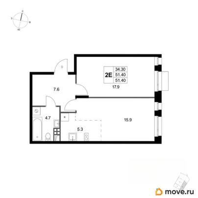 2-комн. квартира, 51.4 м&sup2;