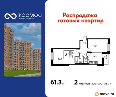 2-комн. квартира, 61.3 м&sup2;
