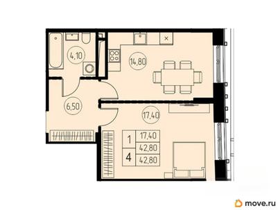 1-комн. квартира, 42.8 м&sup2;