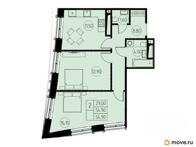 2-комн. квартира, 54.9 м&sup2;