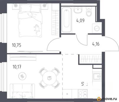 1-комн. квартира, 35.1 м&sup2;