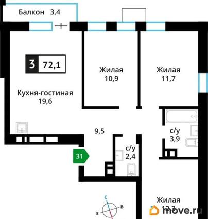 3-комн. квартира, 70.8 м&sup2;