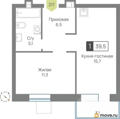 1-комн. квартира, 39.5 м&sup2;