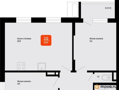 2-комн. квартира, 59.9 м&sup2;