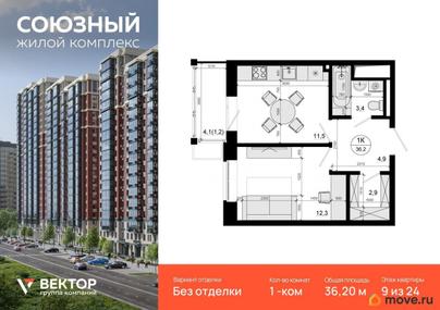 1-комн. квартира, 36.2 м&sup2;