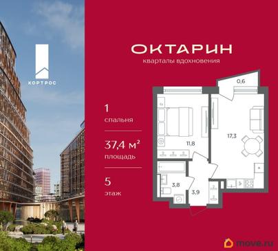 1-комн. квартира, 37.4 м&sup2;
