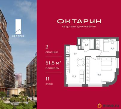 2-комн. квартира, 51.8 м&sup2;
