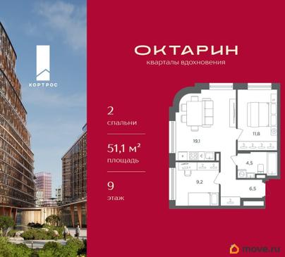 2-комн. квартира, 51.1 м&sup2;