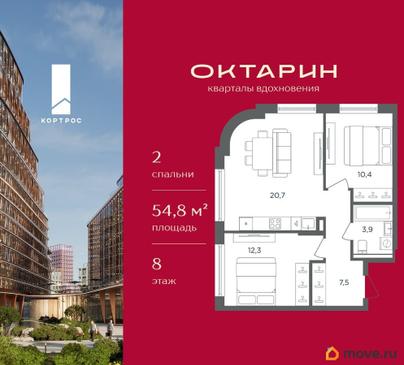 2-комн. квартира, 54.8 м&sup2;