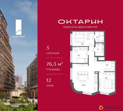 3-комн. квартира, 76.3 м&sup2;