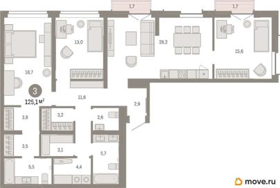3-комн. квартира, 125.1 м&sup2;