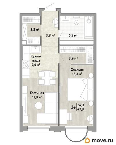 студия, 47.9 м&sup2;