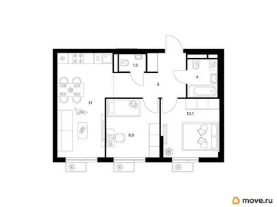 2-комн. квартира, 51.1 м&sup2;
