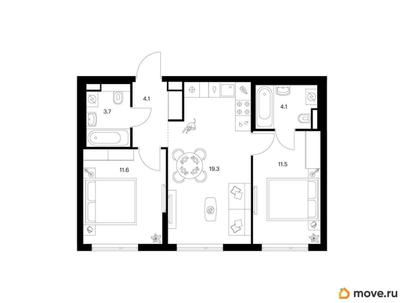 2-комн. квартира, 54.3 м&sup2;
