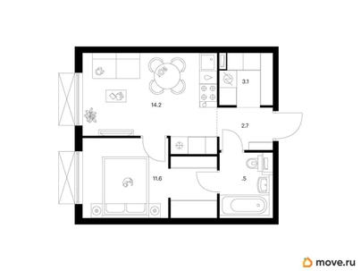 1-комн. квартира, 35.1 м&sup2;