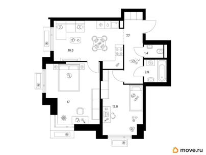 2-комн. квартира, 58.1 м&sup2;