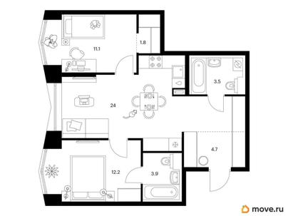 2-комн. квартира, 61.2 м&sup2;
