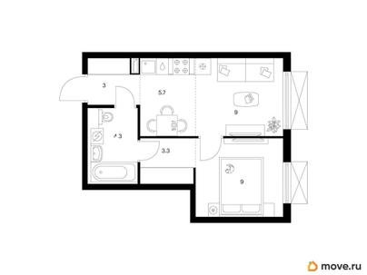 1-комн. квартира, 34.3 м&sup2;