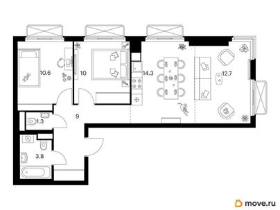 2-комн. квартира, 61.7 м&sup2;