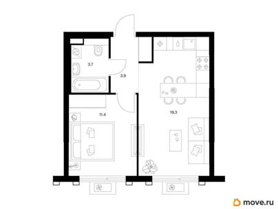 1-комн. квартира, 38.3 м&sup2;