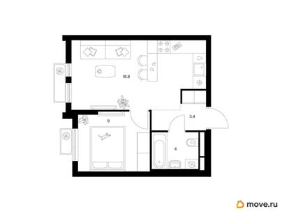 1-комн. квартира, 35.2 м&sup2;