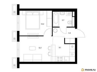 1-комн. квартира, 34.1 м&sup2;