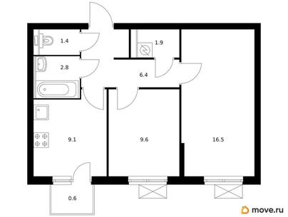 2-комн. квартира, 48.3 м&sup2;