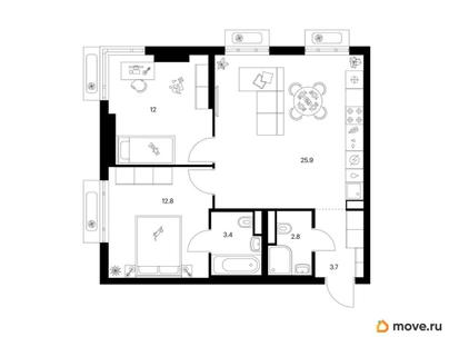 2-комн. квартира, 60.6 м&sup2;