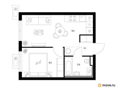 1-комн. квартира, 32.6 м&sup2;