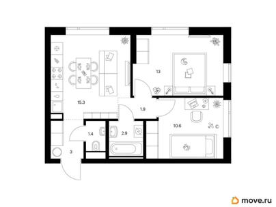2-комн. квартира, 48.1 м&sup2;